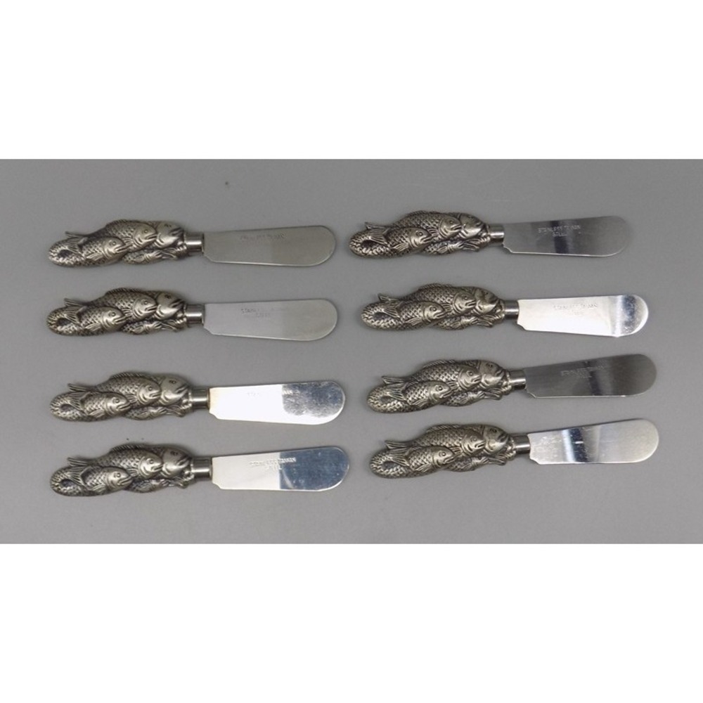 8 Vintage Fish Handle Cheese Knives Butter Spreaders Stainless Taiwan 4 Fish